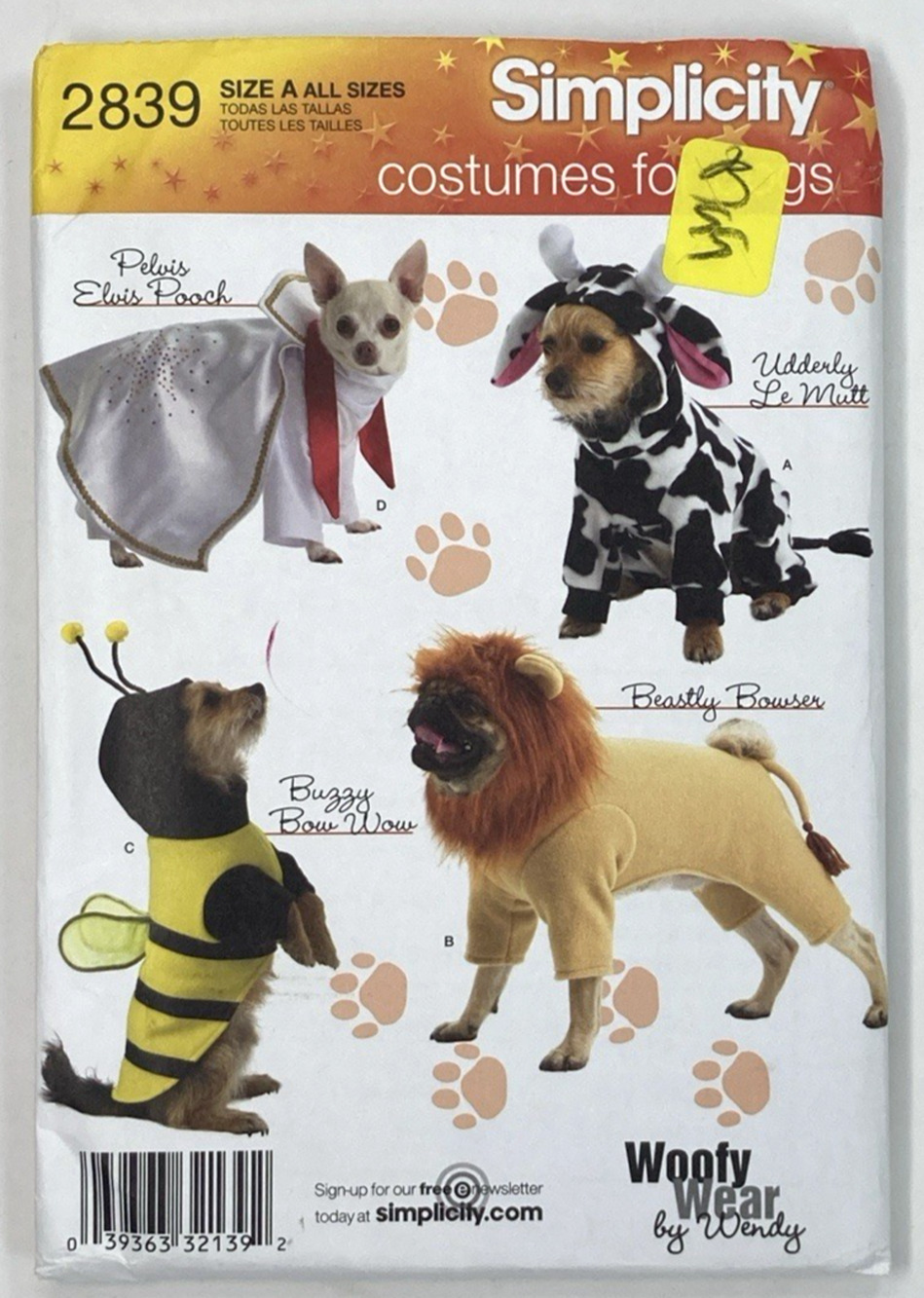 Simplicity 2839 Dog Costume Elvis Cow Bee Lion Woofy Wear S M L Halloween UNCUT